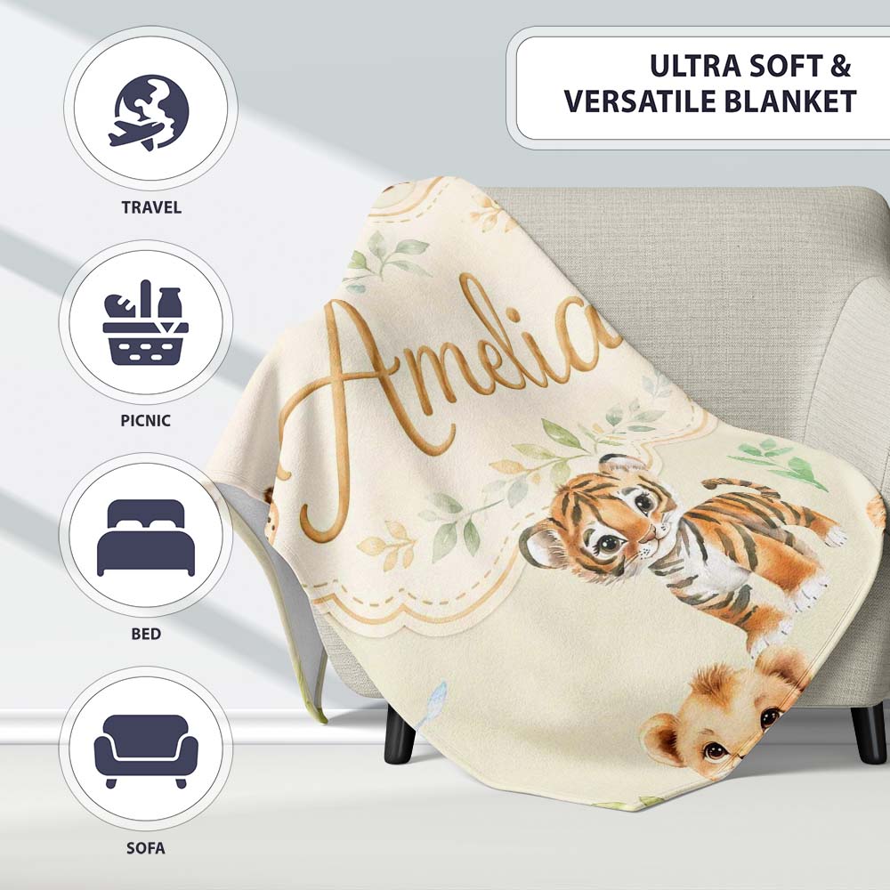 Cute Baby Jungle Animals with Leaves on Light Olive Background  Personalised Custom Name Super Soft Fleece Blanket Bed Sofa Throw