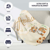 Cute Baby Jungle Animals with Leaves on Light Olive Background  Personalised Custom Name Super Soft Fleece Blanket Bed Sofa Throw