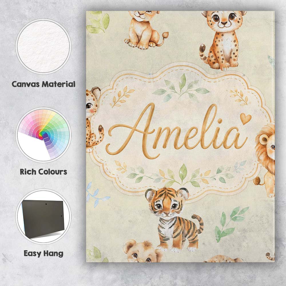 Personalised Name Cute Baby Jungle Animals Custom  Unique Gift Idea Elegant Feature Canvas Wall Art Print Decor Picture Ready to Hang