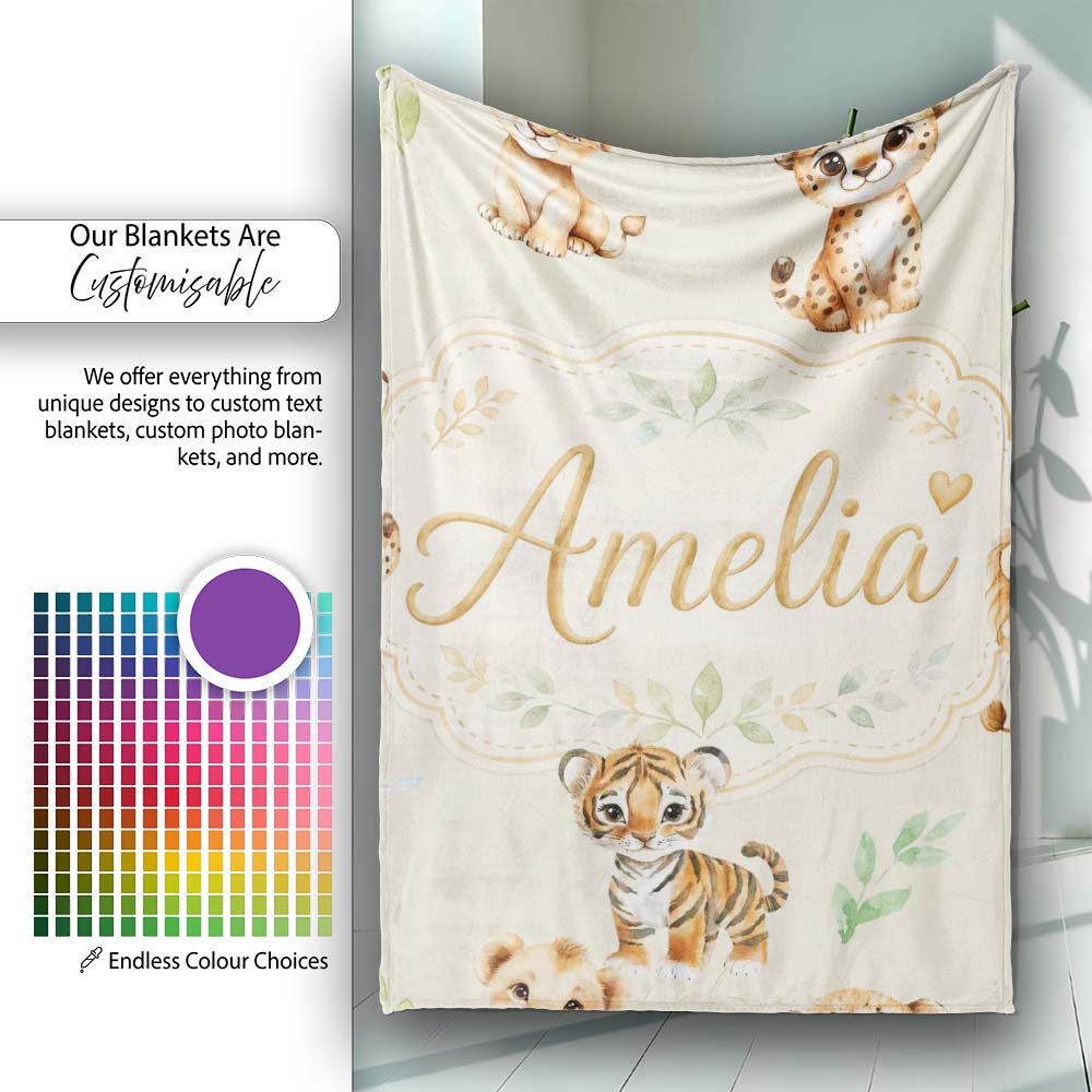 Cute Baby Jungle Animals with Leaves on Light Olive Background  Personalised Custom Name Super Soft Fleece Blanket Bed Sofa Throw