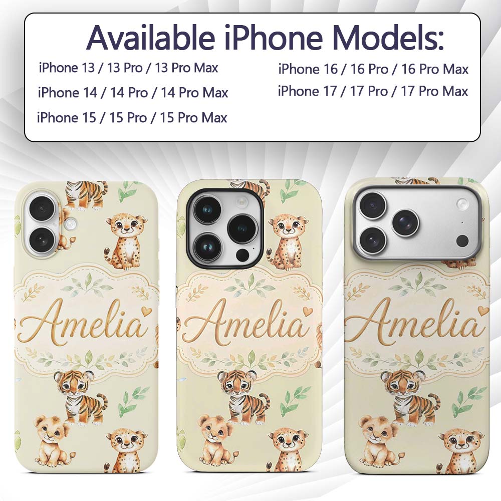Cute Baby Jungle Animals with Leaves on Light Custom Name Protective Phone Case Mobile Cover Durable Everyday Smartphone Shock Resistant