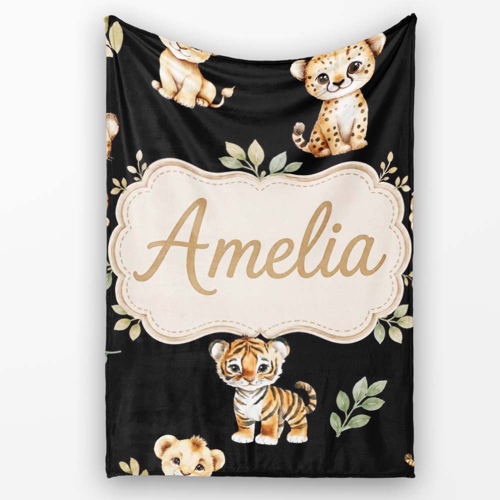 Cute Baby Jungle Animals with Leaves on Cream Beige Background  Personalised Custom Name Super Soft Fleece Blanket Bed Sofa Throw