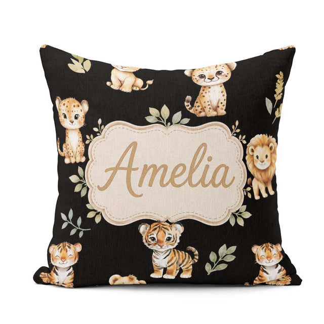 Custom Name Cute Baby Jungle Animals with Leaves on Cream Beige Square Filled Cushion Throw Pillow Sofa Bed Home Decor Zip Washable UK Made