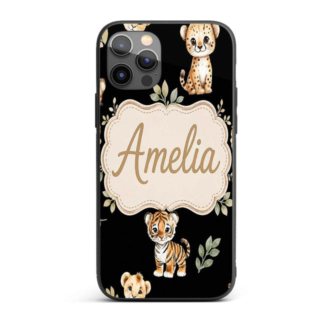 Cute Baby Jungle Animals with Leaves on Cream Custom Name Protective Phone Case Mobile Cover Durable Everyday Smartphone Shock Resistant