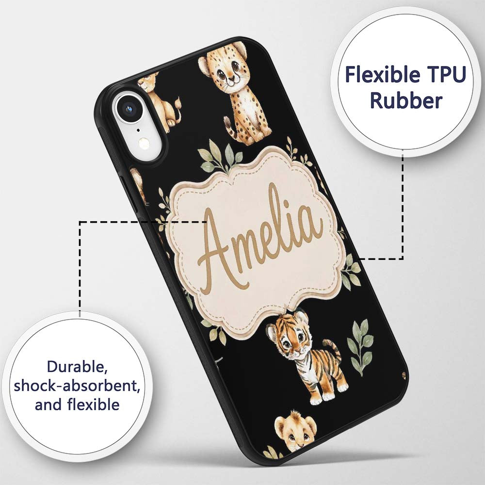 Cute Baby Jungle Animals with Leaves on Cream Custom Name Protective Phone Case Mobile Cover Durable Everyday Smartphone Shock Resistant