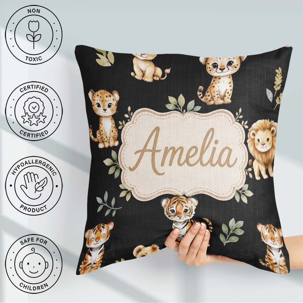 Custom Name Cute Baby Jungle Animals with Leaves on Cream Beige Square Filled Cushion Throw Pillow Sofa Bed Home Decor Zip Washable UK Made
