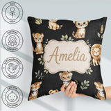 Custom Name Cute Baby Jungle Animals with Leaves on Cream Beige Square Filled Cushion Throw Pillow Sofa Bed Home Decor Zip Washable UK Made