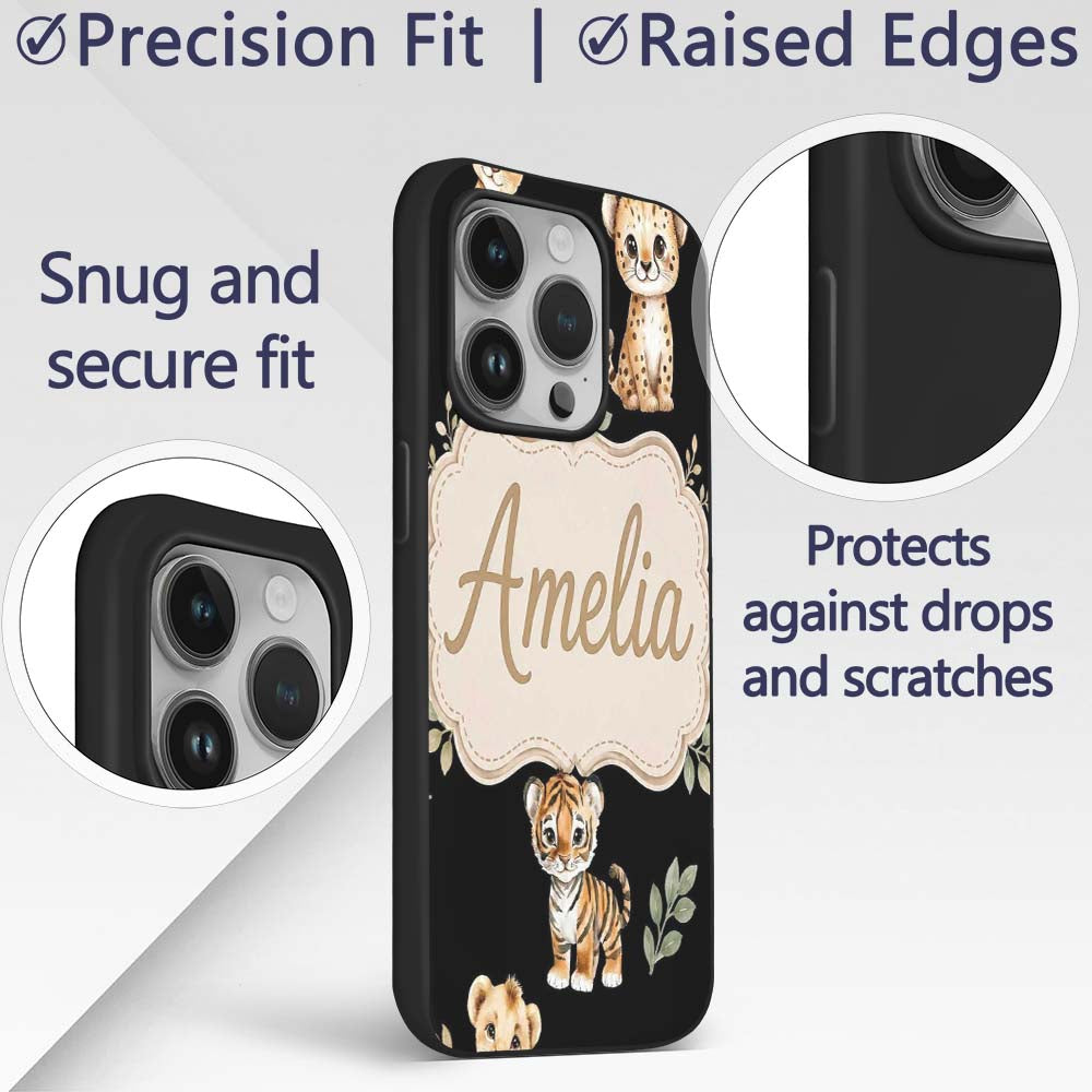 Cute Baby Jungle Animals with Leaves on Cream Custom Name Protective Phone Case Mobile Cover Durable Everyday Smartphone Shock Resistant