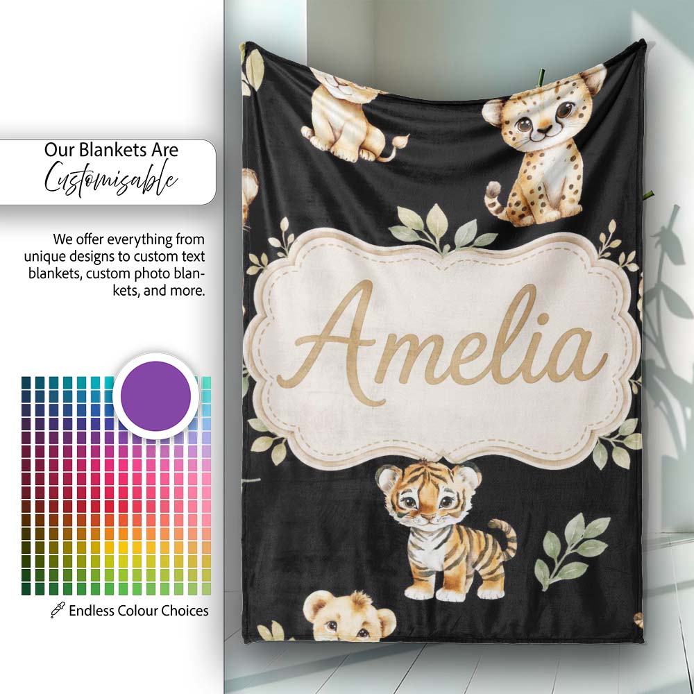 Cute Baby Jungle Animals with Leaves on Cream Beige Background  Personalised Custom Name Super Soft Fleece Blanket Bed Sofa Throw