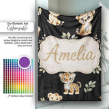 Cute Baby Jungle Animals with Leaves on Cream Beige Background  Personalised Custom Name Super Soft Fleece Blanket Bed Sofa Throw