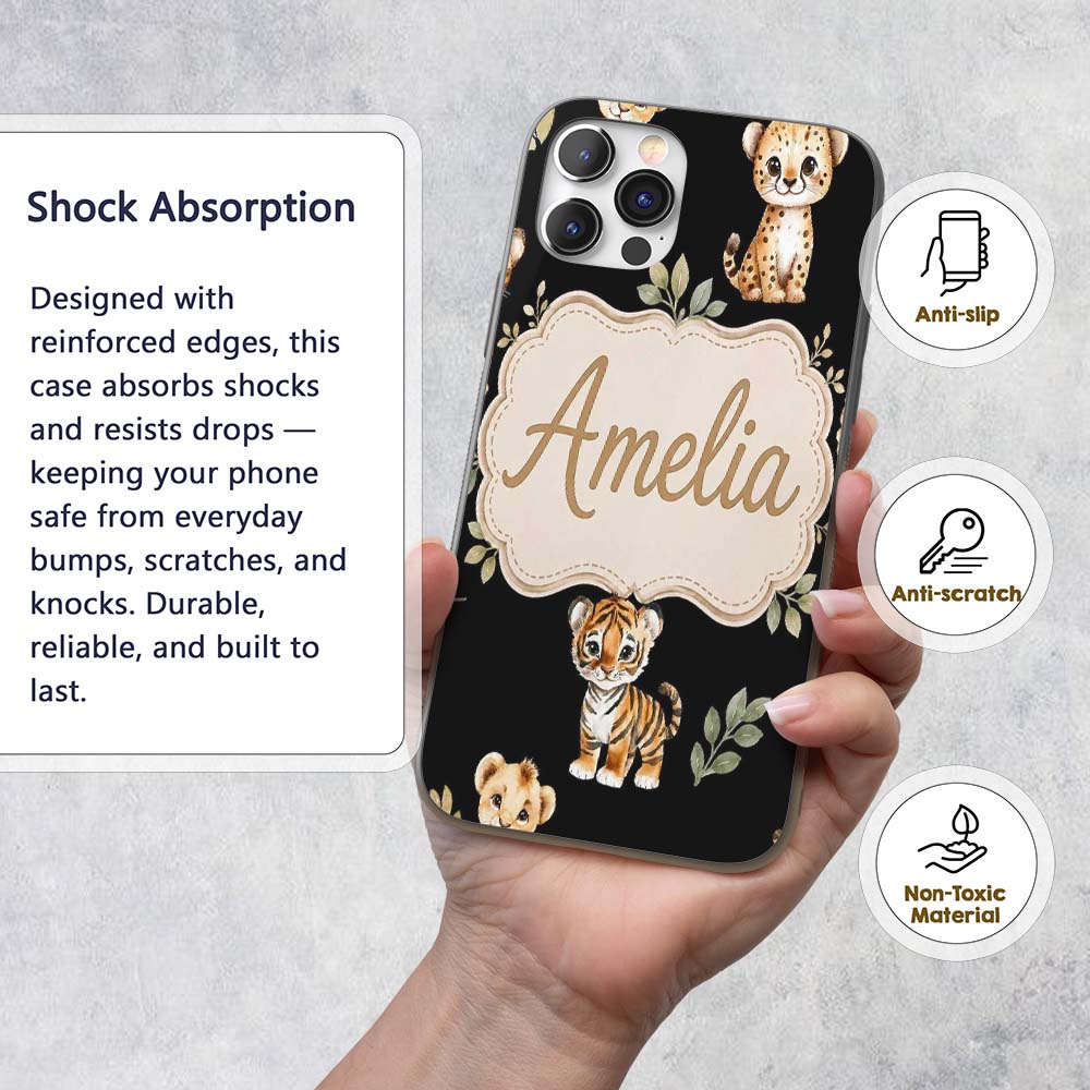 Cute Baby Jungle Animals with Leaves on Cream Custom Name Protective Phone Case Mobile Cover Durable Everyday Smartphone Shock Resistant
