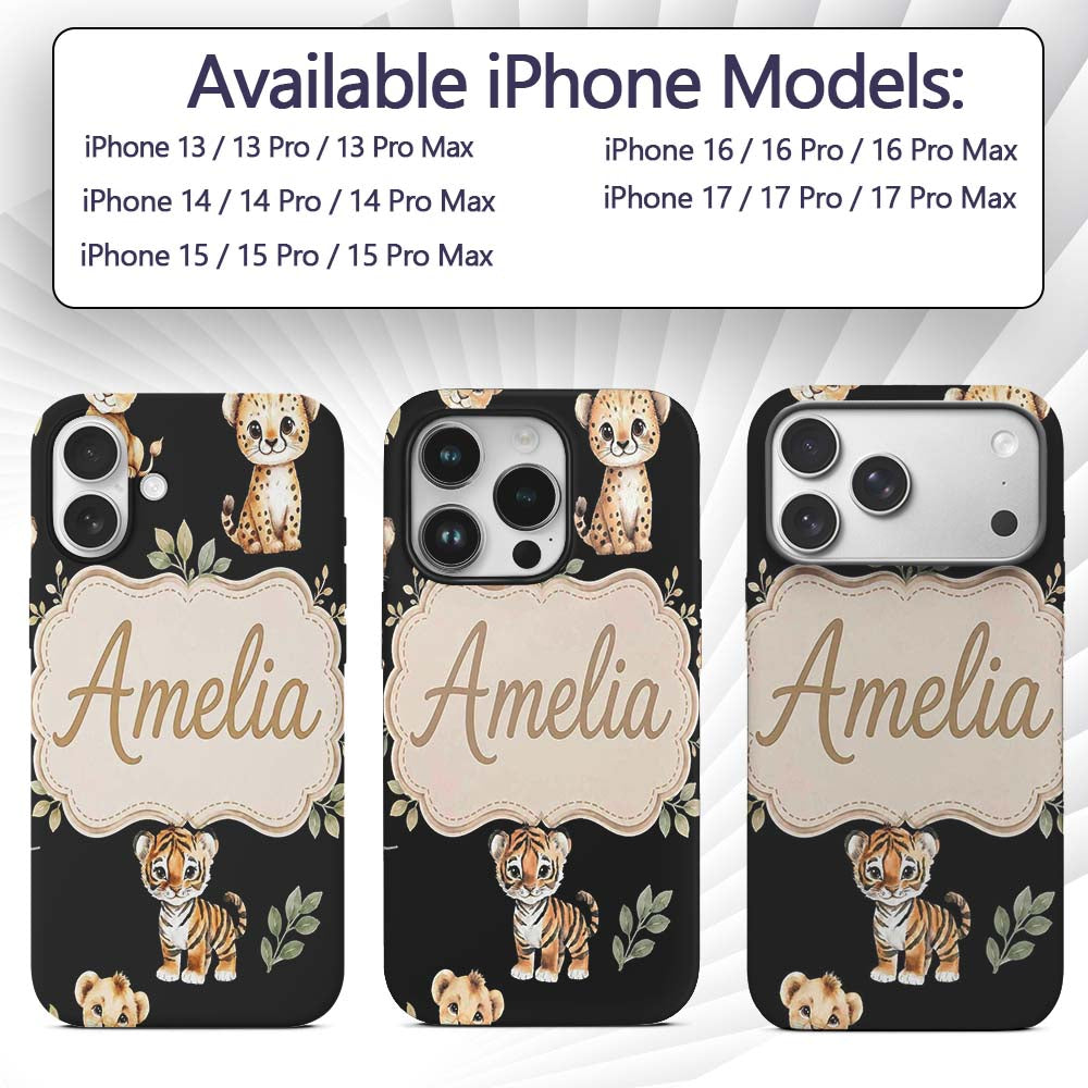 Cute Baby Jungle Animals with Leaves on Cream Custom Name Protective Phone Case Mobile Cover Durable Everyday Smartphone Shock Resistant