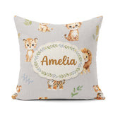 Custom Name Cute Baby Jungle Animals with Leaves on Light Grey Square Filled Cushion Throw Pillow Sofa Bed Home Decor Zip Washable UK Made