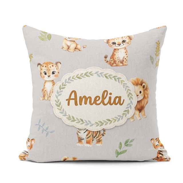 Custom Name Cute Baby Jungle Animals with Leaves on Light Grey Square Filled Cushion Throw Pillow Sofa Bed Home Decor Zip Washable UK Made