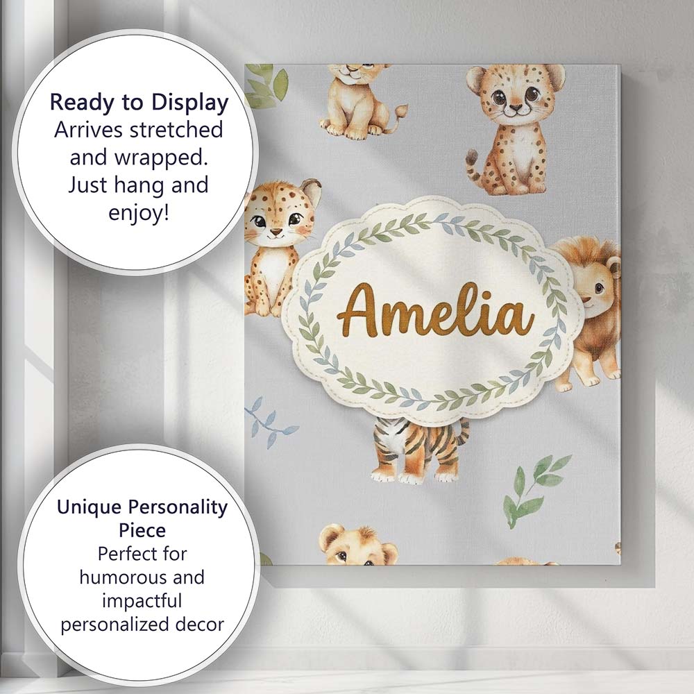 Personalised Name Cute Baby Jungle Animals Custom  Unique Gift Idea Elegant Feature Canvas Wall Art Print Decor Picture Ready to Hang
