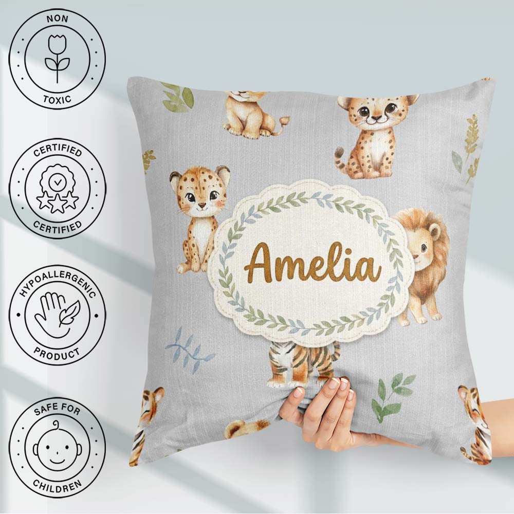 Custom Name Cute Baby Jungle Animals with Leaves on Light Grey Square Filled Cushion Throw Pillow Sofa Bed Home Decor Zip Washable UK Made