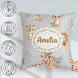 Custom Name Cute Baby Jungle Animals with Leaves on Light Grey Square Filled Cushion Throw Pillow Sofa Bed Home Decor Zip Washable UK Made
