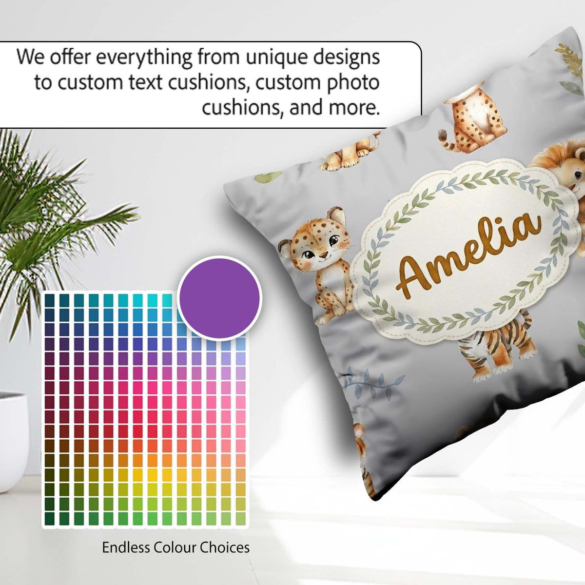 Custom Name Cute Baby Jungle Animals with Leaves on Light Grey Square Filled Cushion Throw Pillow Sofa Bed Home Decor Zip Washable UK Made