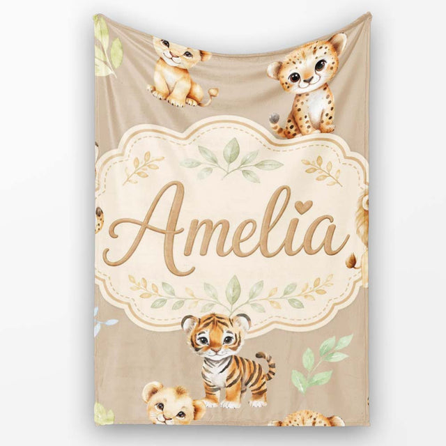 Cute Baby Jungle Animals with Leaves on Warm Beige Background Lovely  Personalised Custom Name Super Soft Fleece Blanket Bed Sofa Throw