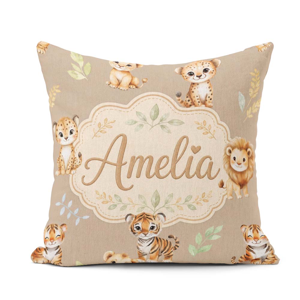 Custom Name Cute Baby Jungle Animals with Leaves on Warm Beige Square Filled Cushion Throw Pillow Sofa Bed Home Decor Zip Washable UK Made