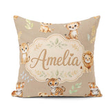 Custom Name Cute Baby Jungle Animals with Leaves on Warm Beige Square Filled Cushion Throw Pillow Sofa Bed Home Decor Zip Washable UK Made
