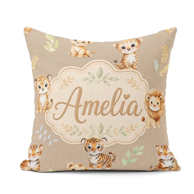 Custom Name Cute Baby Jungle Animals with Leaves on Warm Beige Square Filled Cushion Throw Pillow Sofa Bed Home Decor Zip Washable UK Made