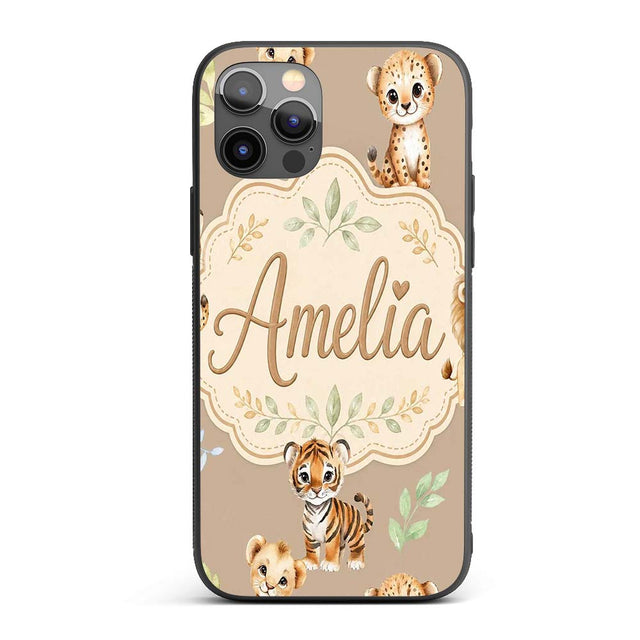 Cute Baby Jungle Animals with Leaves on Warm Custom Name Protective Phone Case Mobile Cover Durable Everyday Smartphone Shock Resistant