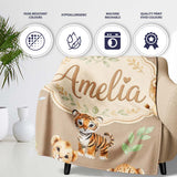 Cute Baby Jungle Animals with Leaves on Warm Beige Background Lovely  Personalised Custom Name Super Soft Fleece Blanket Bed Sofa Throw