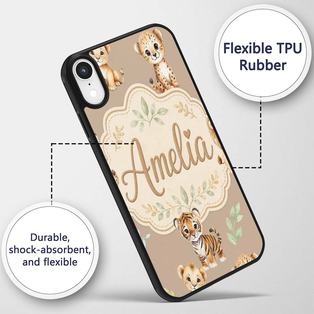 Cute Baby Jungle Animals with Leaves on Warm Custom Name Protective Phone Case Mobile Cover Durable Everyday Smartphone Shock Resistant