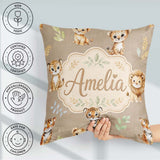 Custom Name Cute Baby Jungle Animals with Leaves on Warm Beige Square Filled Cushion Throw Pillow Sofa Bed Home Decor Zip Washable UK Made