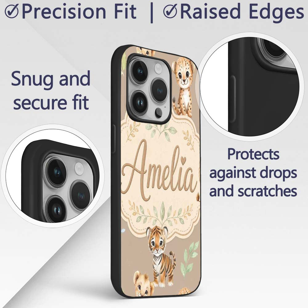 Cute Baby Jungle Animals with Leaves on Warm Custom Name Protective Phone Case Mobile Cover Durable Everyday Smartphone Shock Resistant