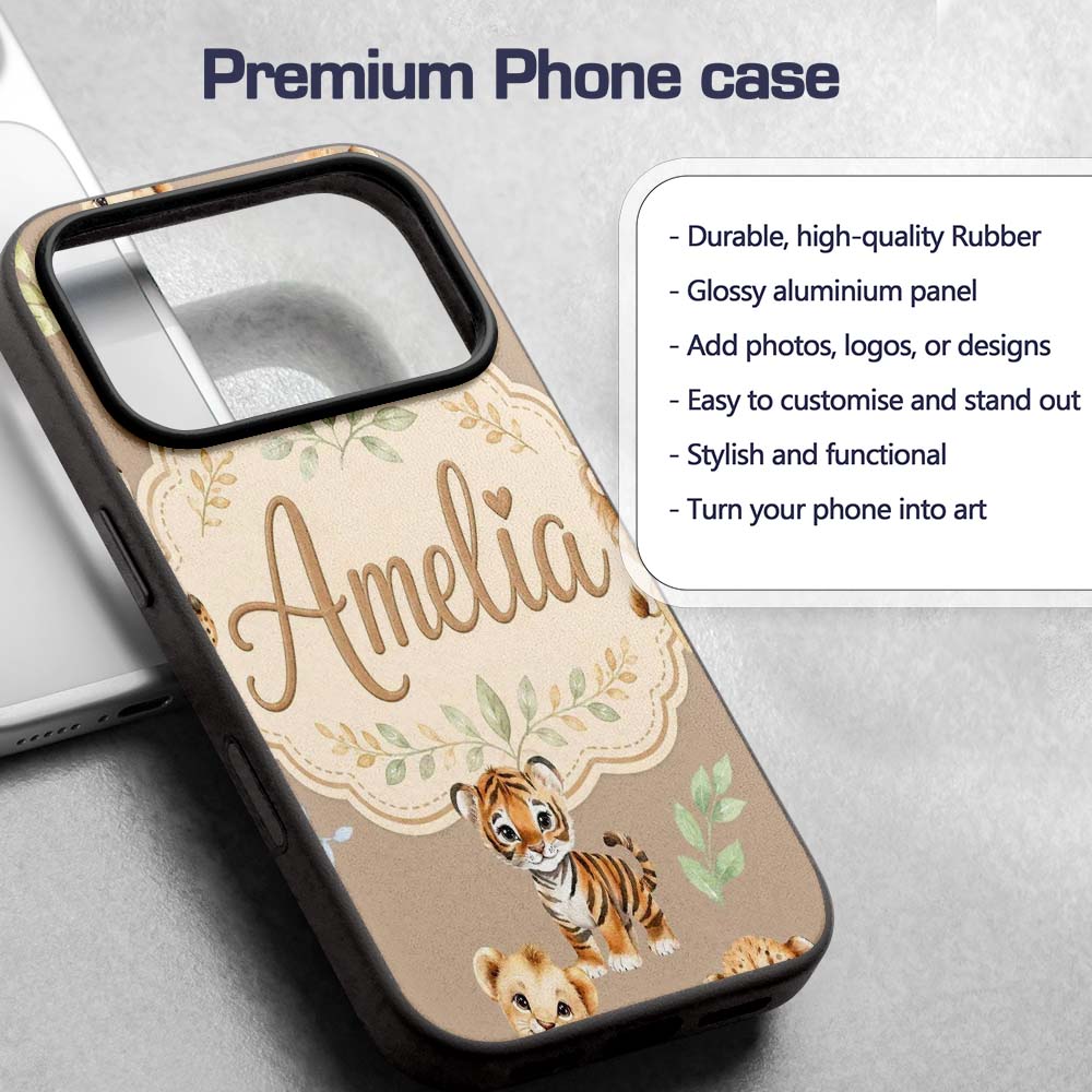 Cute Baby Jungle Animals with Leaves on Warm Custom Name Protective Phone Case Mobile Cover Durable Everyday Smartphone Shock Resistant