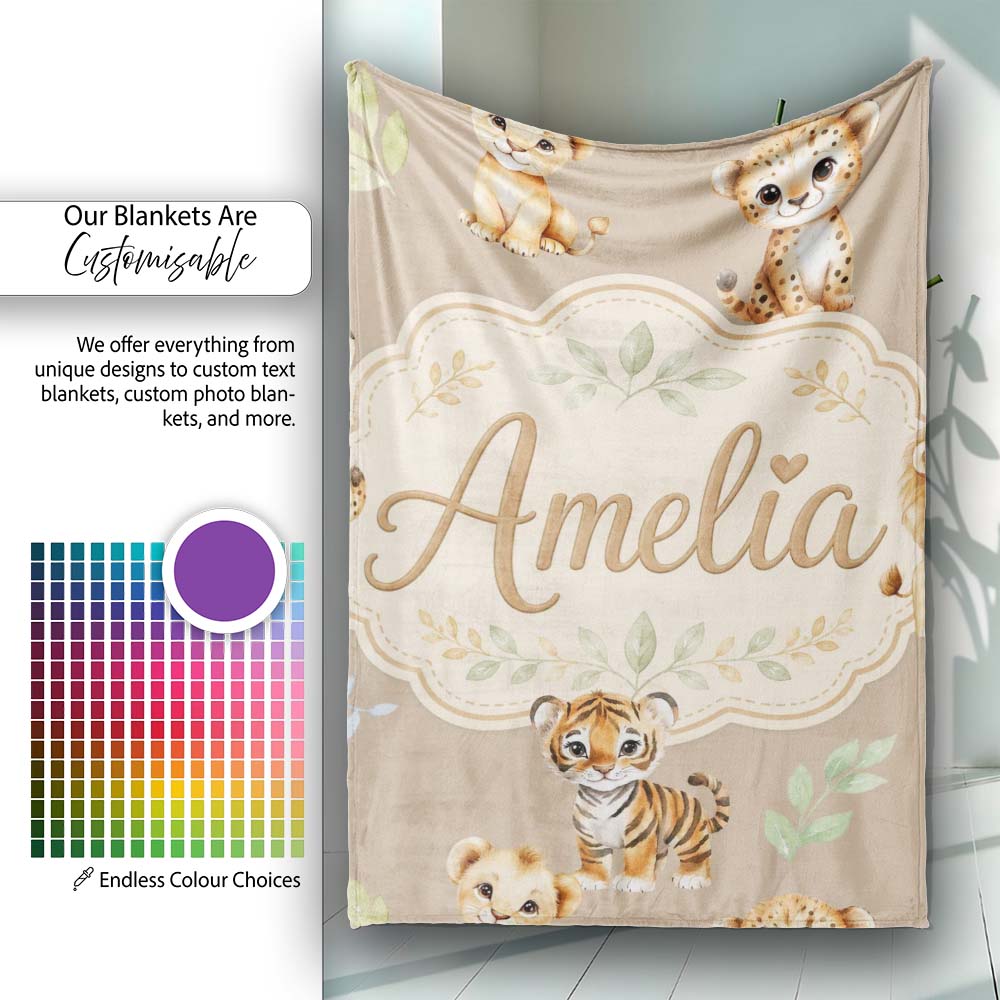 Cute Baby Jungle Animals with Leaves on Warm Beige Background Lovely  Personalised Custom Name Super Soft Fleece Blanket Bed Sofa Throw