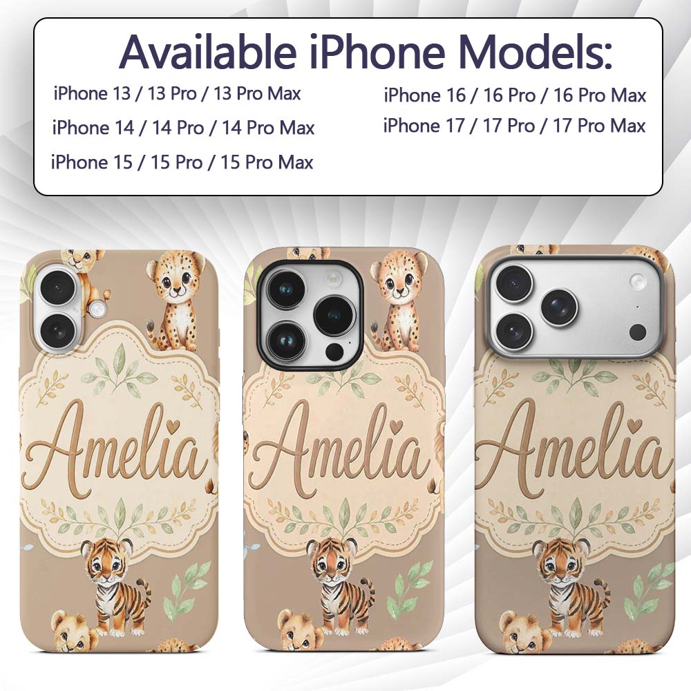 Cute Baby Jungle Animals with Leaves on Warm Custom Name Protective Phone Case Mobile Cover Durable Everyday Smartphone Shock Resistant