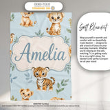 Cute Baby Jungle Animals with Leaves on Soft Blue Background Lovely  Personalised Custom Name Super Soft Fleece Blanket Bed Sofa Throw