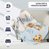 Cute Baby Jungle Animals with Leaves on Soft Blue Background Lovely  Personalised Custom Name Super Soft Fleece Blanket Bed Sofa Throw