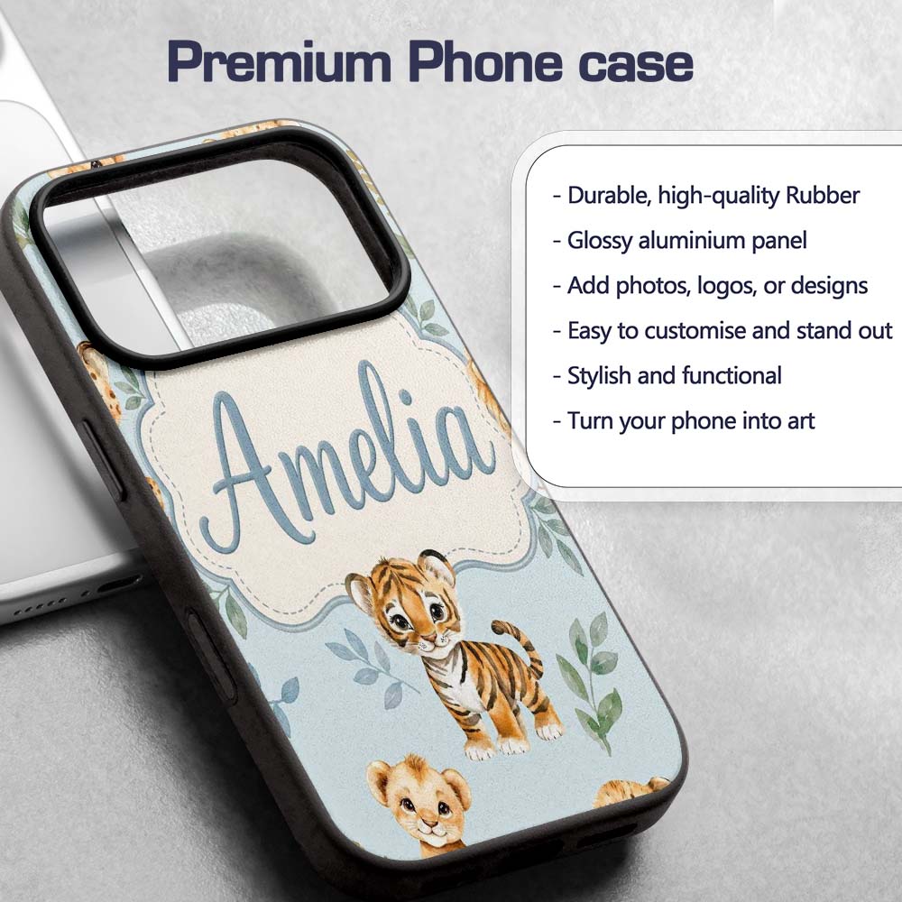 Cute Baby Jungle Animals with Leaves on Soft Blue Custom Name Protective Phone Case Mobile Cover Durable Everyday Smartphone Shock Resistant