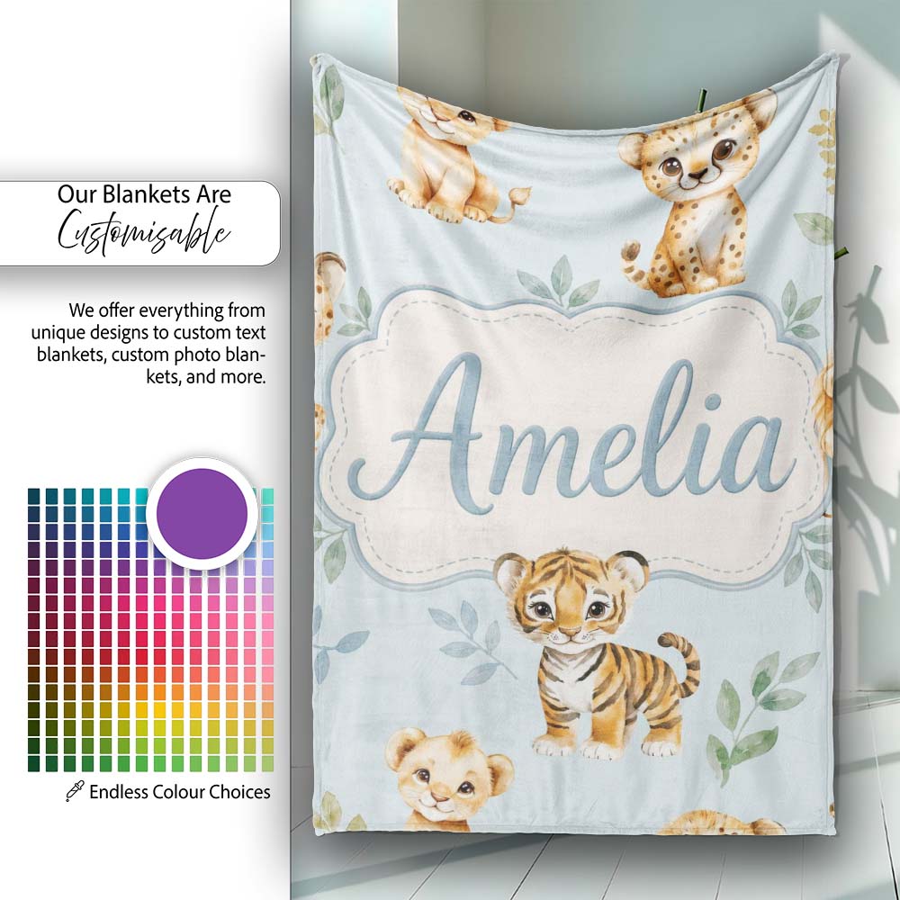 Cute Baby Jungle Animals with Leaves on Soft Blue Background Lovely  Personalised Custom Name Super Soft Fleece Blanket Bed Sofa Throw