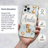 Cute Baby Jungle Animals with Leaves on Soft Blue Custom Name Protective Phone Case Mobile Cover Durable Everyday Smartphone Shock Resistant