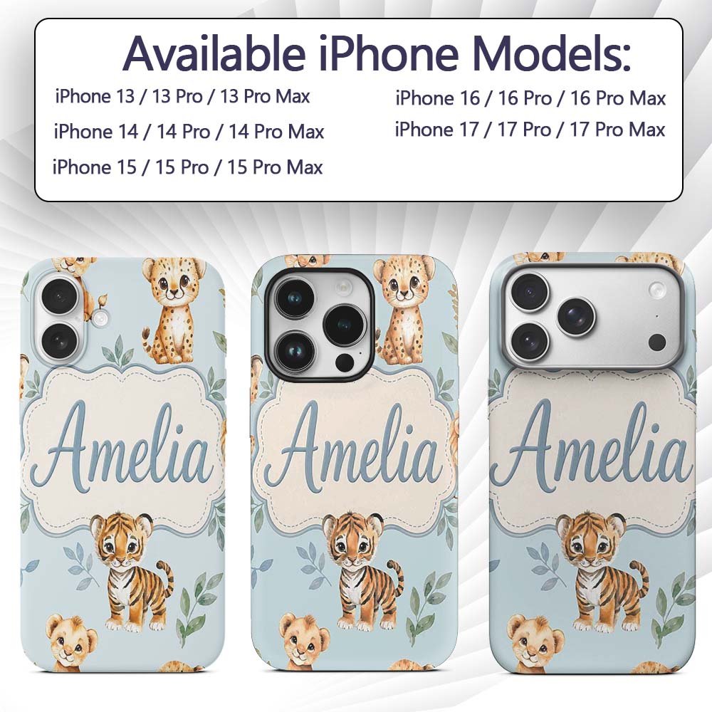 Cute Baby Jungle Animals with Leaves on Soft Blue Custom Name Protective Phone Case Mobile Cover Durable Everyday Smartphone Shock Resistant