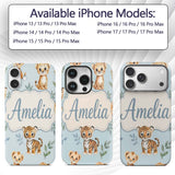 Cute Baby Jungle Animals with Leaves on Soft Blue Custom Name Protective Phone Case Mobile Cover Durable Everyday Smartphone Shock Resistant