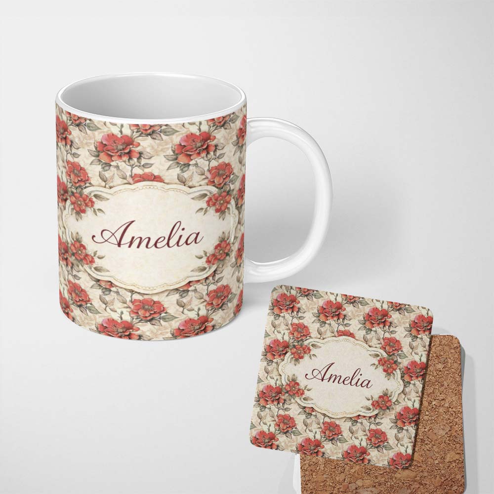 Personalized Custom Name Soft Pink Rose Botanical Seamless Pattern Thoughtful Gift Idea 11oz Ceramic Coffee Tea Mug White Large Handle
