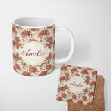 Personalized Custom Name Soft Pink Rose Botanical Seamless Pattern Thoughtful Gift Idea 11oz Ceramic Coffee Tea Mug White Large Handle