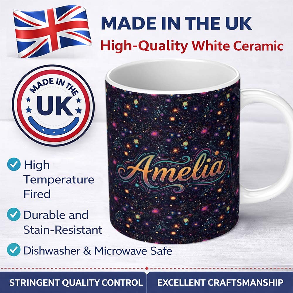 Personalized Custom Name Neon Galaxy Swirl Dots Cosmic Space Seamless Pattern Night Sky 11oz Ceramic Coffee Tea Mug White Large Handle