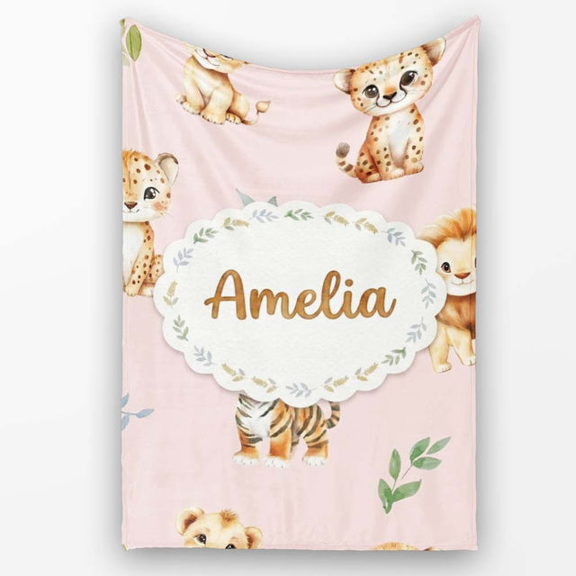 Cute Baby Jungle Animals with Leaves on Blush Pink Background Lovely  Personalised Custom Name Super Soft Fleece Blanket Bed Sofa Throw