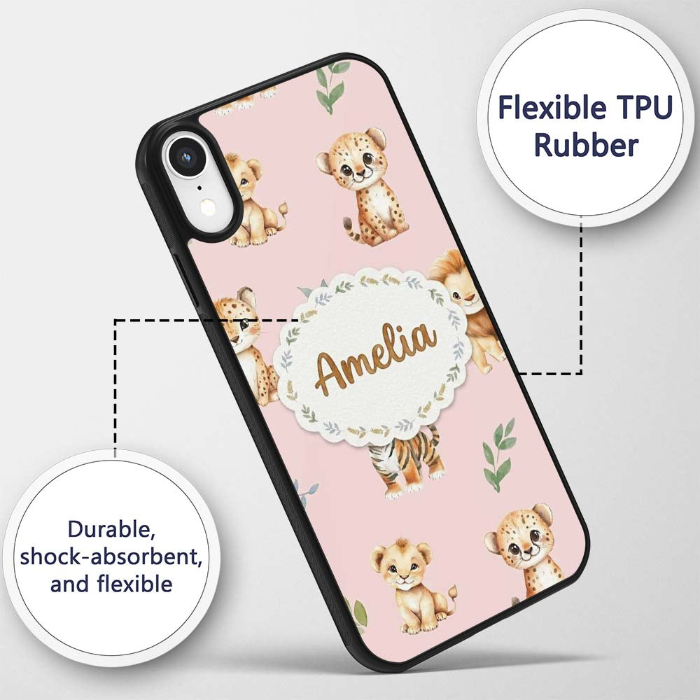 Cute Baby Jungle Animals with Leaves on Blush Custom Name Protective Phone Case Mobile Cover Durable Everyday Smartphone Shock Resistant