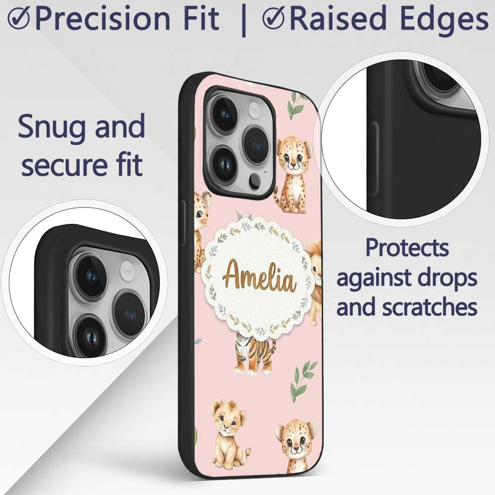 Cute Baby Jungle Animals with Leaves on Blush Custom Name Protective Phone Case Mobile Cover Durable Everyday Smartphone Shock Resistant