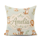 Custom Name Cute Baby Jungle Animals with Leaves on Sage Green Square Filled Cushion Throw Pillow Sofa Bed Home Decor Zip Washable UK Made
