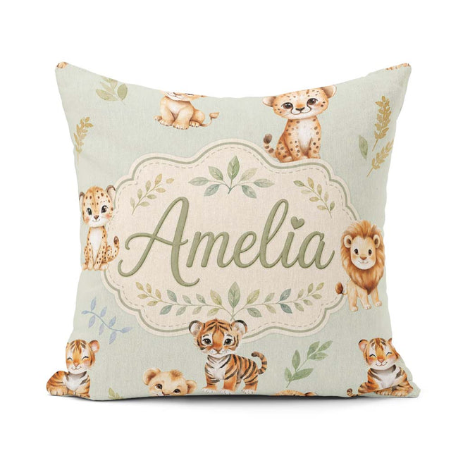 Custom Name Cute Baby Jungle Animals with Leaves on Sage Green Square Filled Cushion Throw Pillow Sofa Bed Home Decor Zip Washable UK Made