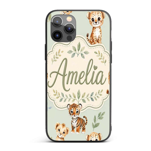 Cute Baby Jungle Animals with Leaves on Sage Custom Name Protective Phone Case Mobile Cover Durable Everyday Smartphone Shock Resistant